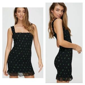 Wilfred Luella Smocked Black Palm Tree Ruffle Bodycon Contour Strappy Mini Dress